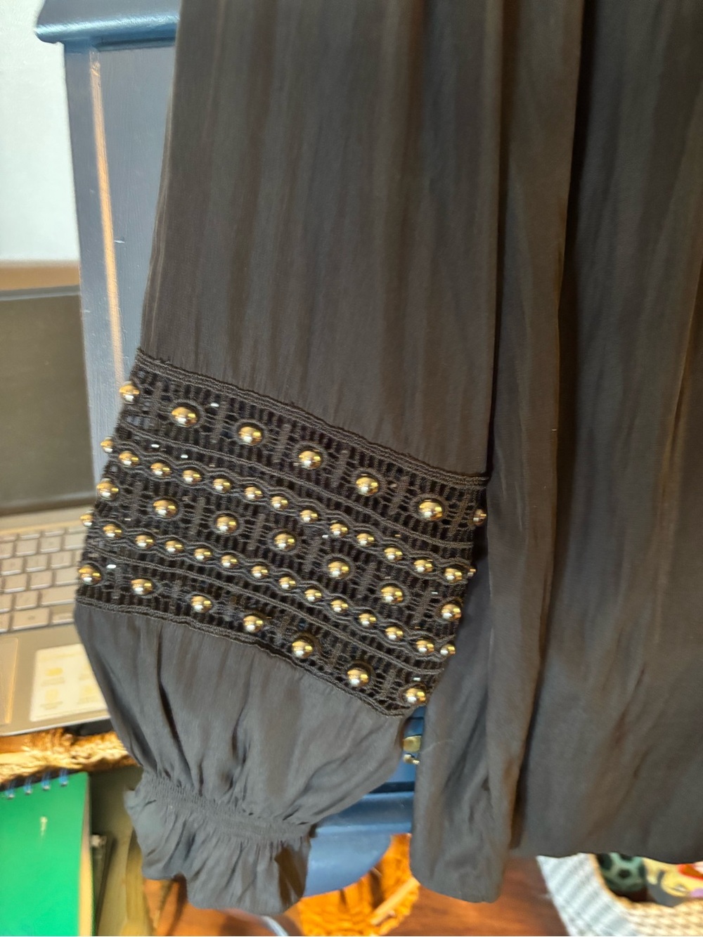 Chico's Black V-Neck Blouse with Beaded Statement Sleeves - Picture 3 of 3